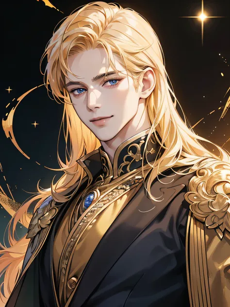 {(best quality, 8k, masterpiece, HDR, soft lighting, perfect image, digital illustration, manhwa art, hyper detailed image, perfect lines, realistic)} 1 very handsome man, short golden-blond hair, dark blue eyes, clothes luxurious (imposing posture, smilin...