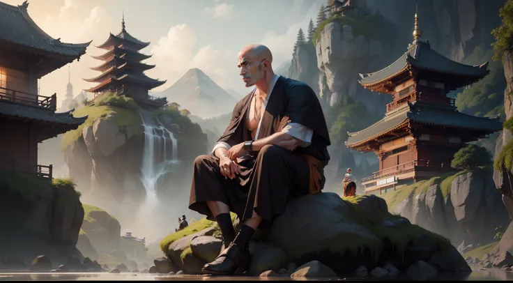 Monk Arafed sitting on a rock in a river with a pagoda in the background, Arte conceptual de un monje, Wojtek FUS, Pintura mate retrato foto, Retrato de monje, inspirado por Hu Zaobin, Fantasy-style 8K octane rendering, Ross Tran y Michael Whelan, Monje me...