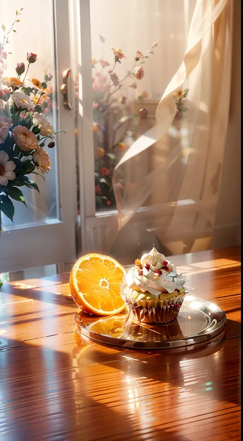 extreme close-up，clear，tmasterpiece，mahogany dining table，there were cupcakes on the table，red wine，wineglass，oranges，apples，bea...