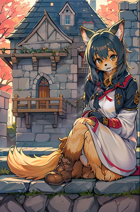 Anime - painting in the style of a girl with a cat sitting on a stone wall, very very beautiful furry art, colorful kitsune city, cute detailed digital art, Pixiv Contest Winner, ( castle in background ), furry art!!!, fursona furry art commission, Sitting...