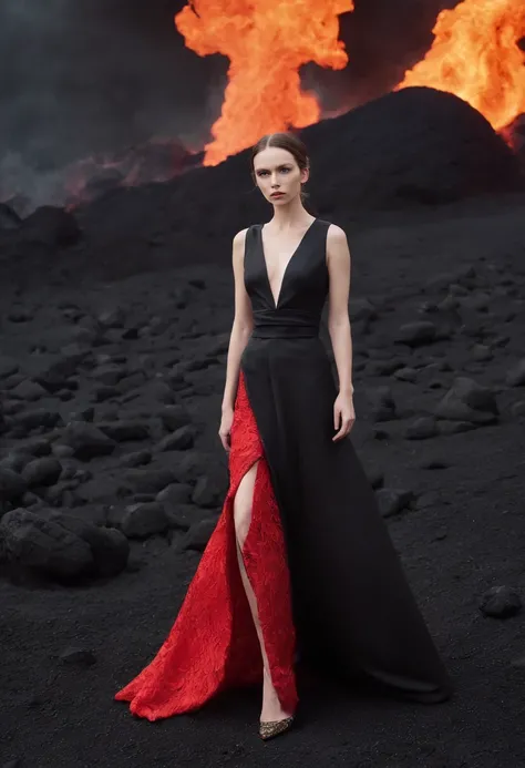 Arad woman in black and red dress，Stand in front of black volcanic stones, （The bottom of the dress rolls like fire：1.3）, （The hem of the skirt blends perfectly with the firelight），Inspired by Anne Leibovitz, Red and black color, （with fires and black smok...