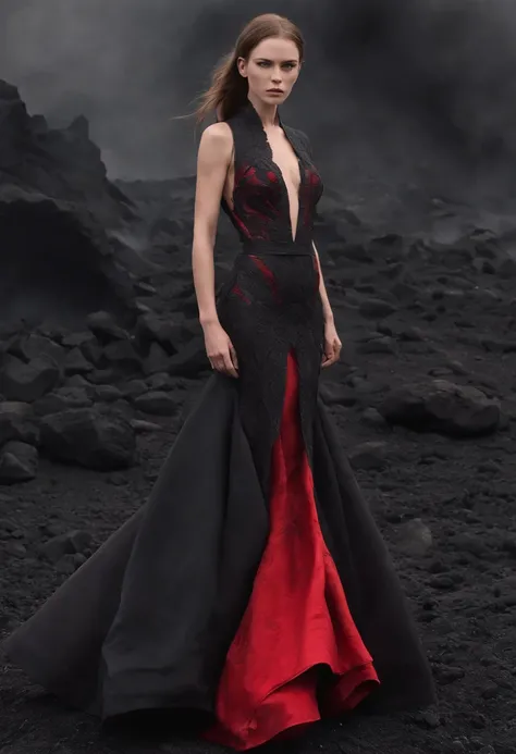 Arad woman in black and red dress，Stand in front of black volcanic stones, （The bottom of the dress rolls like fire：1.3）, （The hem of the skirt blends perfectly with the firelight），Inspired by Anne Leibovitz, Red and black color, （with fires and black smok...