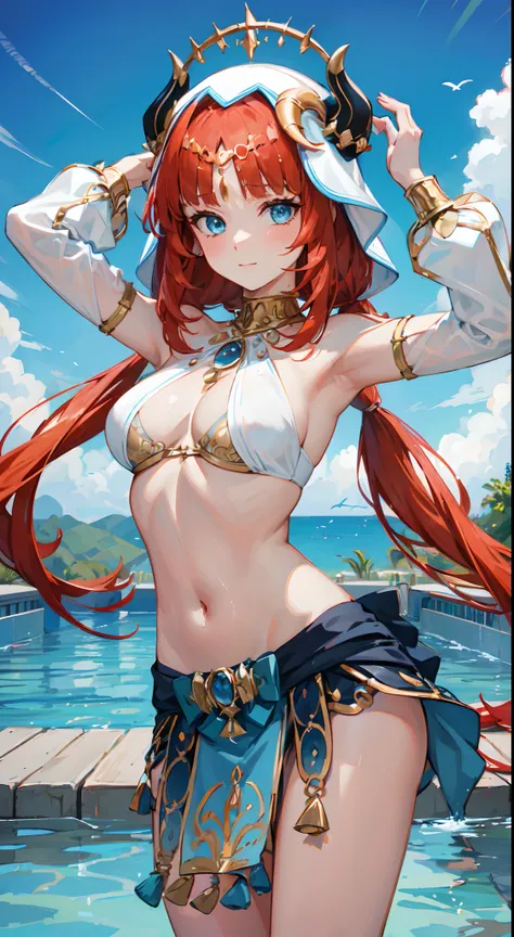 nilou, red hair, long hair, blue eyes, gown, skirt, slim legs, navel, happy, cleavage, bend over, pool, sad