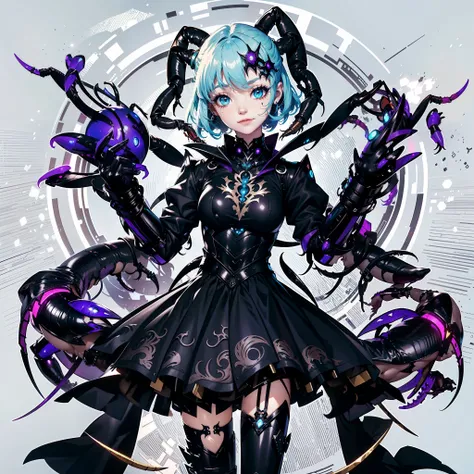 Beautiful girl fused with a scorpion. (High quality) gothic dress. body suit. cyber style. Circuit pattern. Biological Armor. fearless smile.