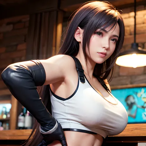 8k,masterpiece, bset quality,big, (1 girl), tifa lockhart, red_eyes, black hair, long hair, shiny skin, shiny big, ((best quality)), crisp focus: 1.2, highly detailed face and skin texture, detailed eyes, perfect face, perfect body, art, cg, blur backgroun...