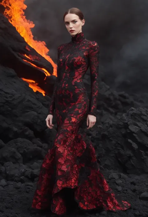 Arad woman in black and red dress，Stand in front of black volcanic stones, （The bottom of the skirt was on fire：1.3）, （The hem of the skirt blends perfectly with the firelight），Inspired by Anne Leibovitz, Red and black color, （with fires and black smoke）, ...