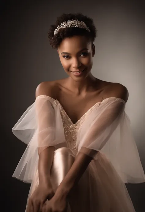 Fashion model photography, ballet dress, strong sense of design, medium shot, South African girl, short hair, hair accessories, delicate skin, smile, simple background, high texture, glare backlight, professional studio lighting