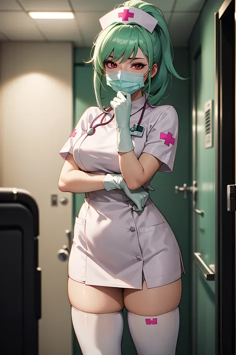 1girl, solo, nurse, nurse cap, white wear, ((white legwear, zettai ryouiki)), white gloves, ponytail, green hair, pink eyes, ((white surgical mask, covered nose)), standing, ((hospital room)), sharp outline, short sleeves, best quality, masterpiece