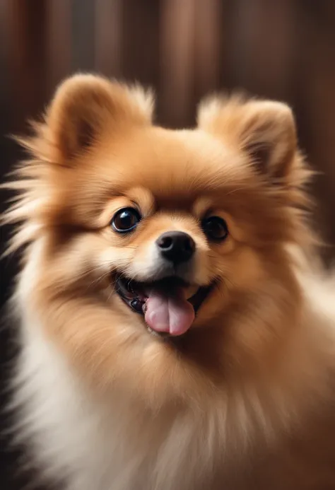 Create image of a fuzzy Pomeranian, macio, fofinho com uma tarja na parte de baixo escrito exatamente: "UmBeloPet"