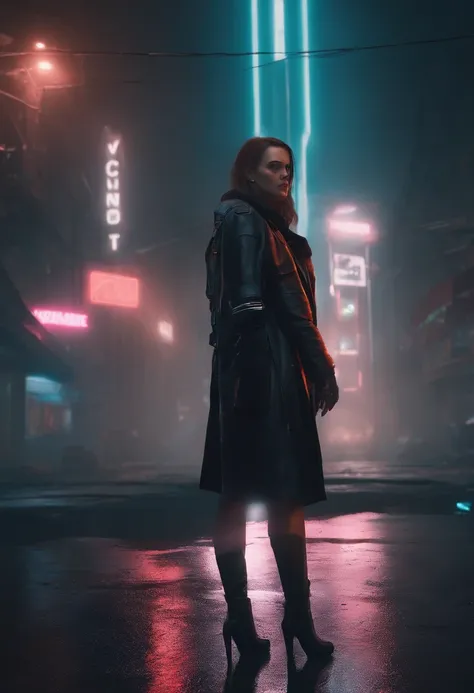 8K 3D rendering of a cyberpunk intersection with a woman tearing clothes , elle pleure . The corner where the two streets meet is shrouded in darkness and fog, with only sporadic neon lights suggesting life. Puddles reflect the rare, Moderate light sources...