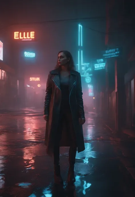 8K 3D rendering of a cyberpunk intersection with a woman tearing clothes , elle pleure . The corner where the two streets meet is shrouded in darkness and fog, with only sporadic neon lights suggesting life. Puddles reflect the rare, Moderate light sources...