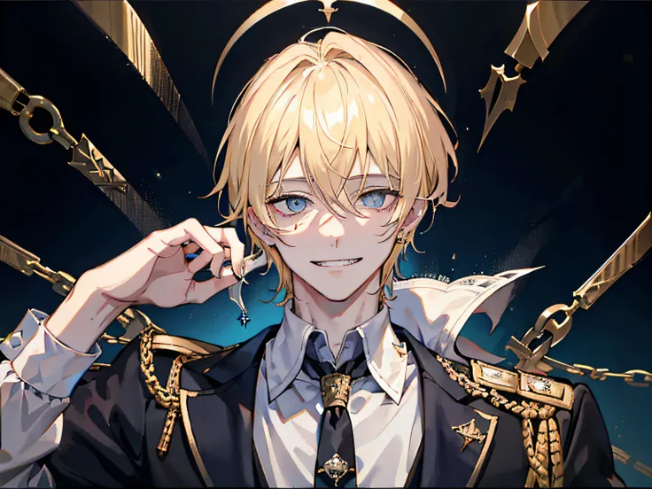 a handsome man,1 boy, Blonde hair, Blue eyes, 20 years old,,Shaded face、Scary smile、Psychopathic grin,royal family