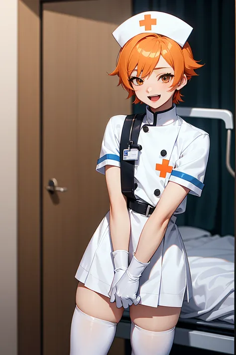 1boy, solo, male focus, nurse, nurse cap, white wear, ((white legwear, zettai ryouiki)), white gloves, short hair, orange hair, smile, open mouth, standing, ((hospital room)), sharp outline, short sleeves, shota, 12 years old, best quality, masterpiece