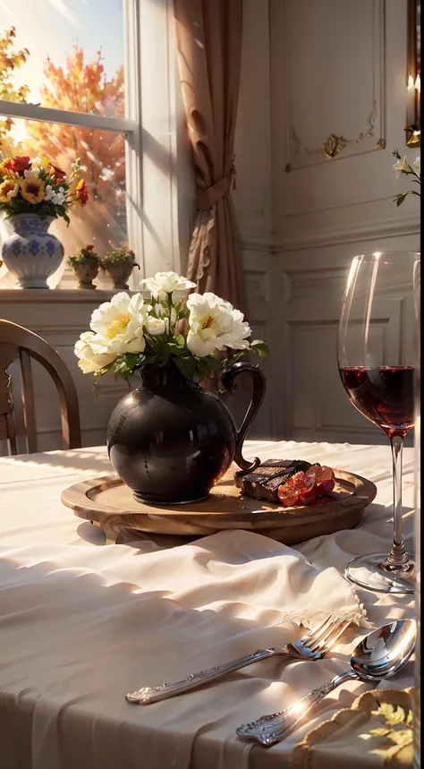 Extreme close-up，Clear，tmasterpiece，Table in the dining room，Delicious steak on the table，red wine，wineglass，Fruit platter，Beautiful classical vase with flowers，Bright natural light，Outside the window it is autumn，Translucent curtains，dining room，C4D，Empty...