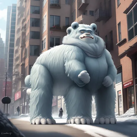 yeti in a city with his pillow