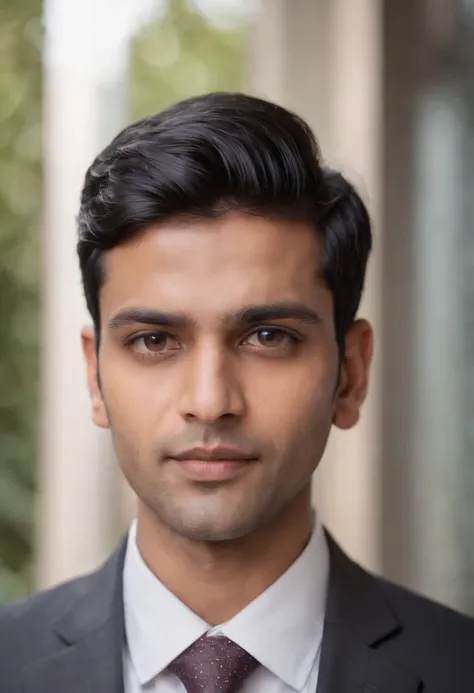 30 year old Indian man with short black hair in a business suit, shaved, portrait, looking directly at the camera, headshot, professional photo, corporate portrait, professional profile picture, headshot photograph