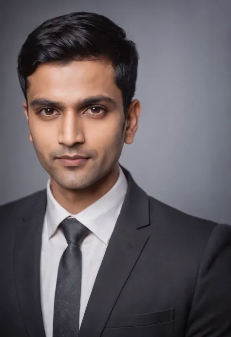 30 year old Indian man with short black hair in a business suit, shaved, portrait, looking directly at the camera, headshot, professional photo, corporate portrait, professional profile picture, headshot photograph