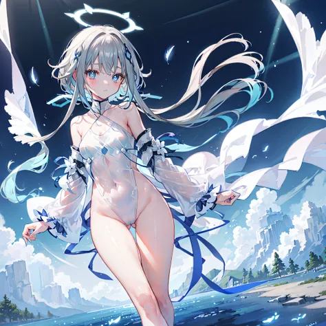 An anime teen girl, ((walking on water)), (mostly naked), barefoot, cinematic light, skin is perfectly white, soft, and smooth, ((no nsfw)), Extremely delicate and beautiful CG illustration, small thigh, slim body, best quality, high resolution, dynamic an...