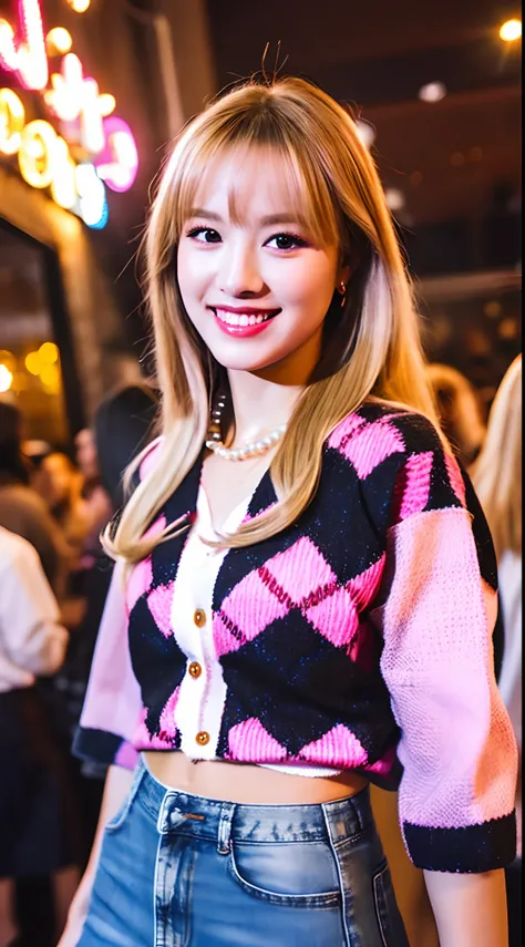 8K, Best Quality, Masterpiece: 1.2) , Super Detail, 1 Girl, party vibe, party atmosphere, lively party atmosphere, beautiful smile, Small Tits, Small Beautiful Detail Eyes , Night, girl wearing brown pink multi check cardigan, wearing black retro denim ski...