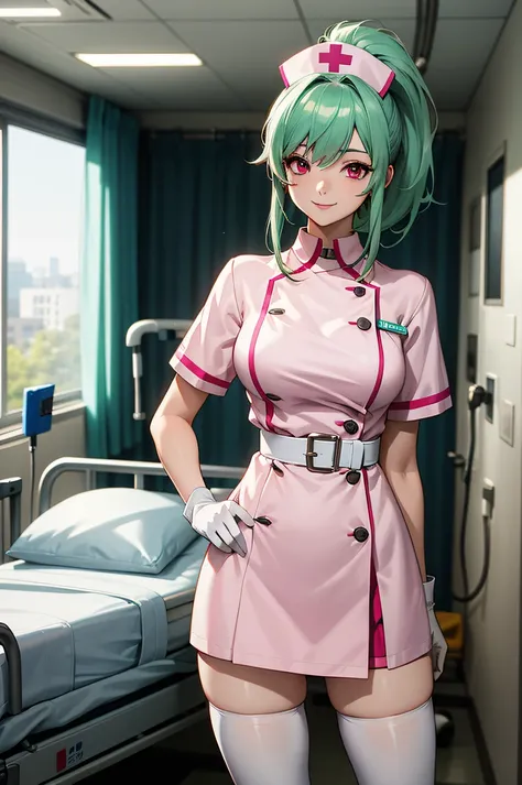 1girl, solo, nurse, nurse cap, white wear, ((white legwear, zettai ryouiki)), white gloves, ponytail, green hair, pink eyes, smile, standing, ((hospital room)), sharp outline, short sleeves, best quality, masterpiece