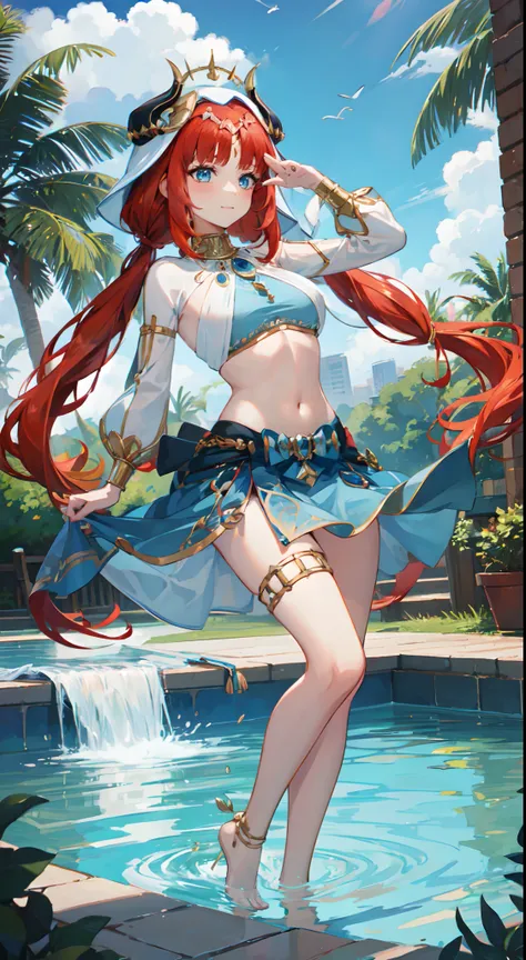 nilou, red hair, long hair, blue eyes, gown, skirt, slim legs, navel, happy, cleavage, bend over, pool, sad