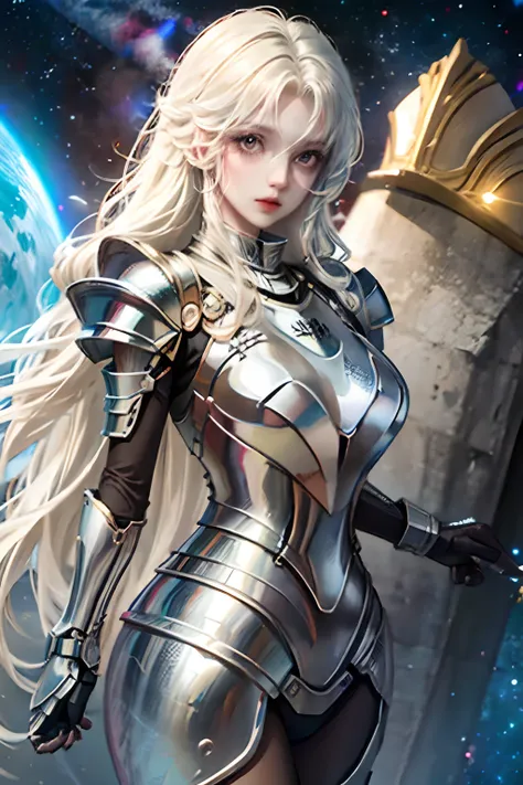 1girl, space, knight, armour, light hair,