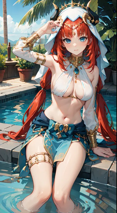 nilou, red hair, long hair, blue eyes, gown, skirt, slim legs, navel, happy, cleavage, bend over, pool, sad