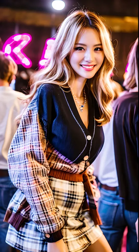 8K, Best Quality, Masterpiece: 1.2) , Super Detail, 1 Girl, party vibe, party atmosphere, lively party atmosphere, beautiful smile, Small Tits, Small Beautiful Detail Eyes , Night, girl wearing brown pink multi check cardigan, wearing black retro denim ski...