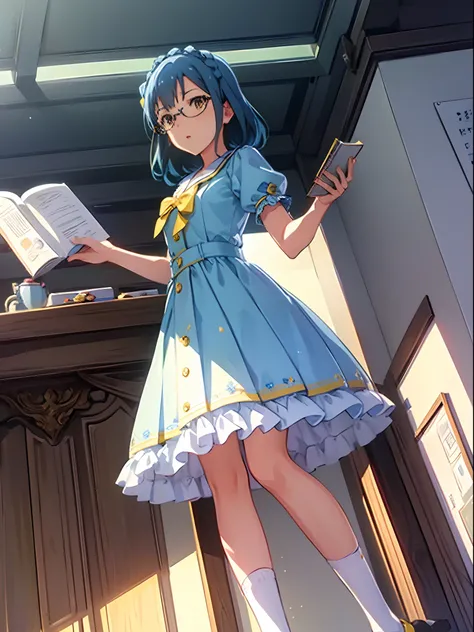 yuriko nanao (million live), 1 girl, Solo, Best Quality, masutepiece, 8K, High resolution, Ultra-detailed, ((From below)), Serious, Light blue dress, Sailor Color Dress, Short sleeves, Puffy sleeves, (Yellow cardigan), White socks, Brown Footwear, lowfers,...