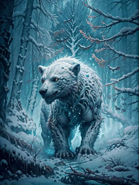 (best quality,4k,8k,highres,masterpiece:1.2),ultra-detailed,(realistic:1.37),zombie polar bear,inside misty,frozen snowy forest,HP.lovecraft style,dark and eerie atmosphere,mysterious shadows,grotesque and haunting,pale blue color tone,surreal ethereal lig...