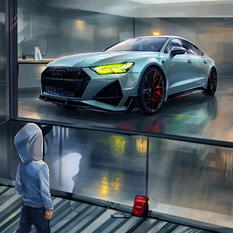 a man stands in front of an audi rs7，a man stands in front of the window glass, 4k