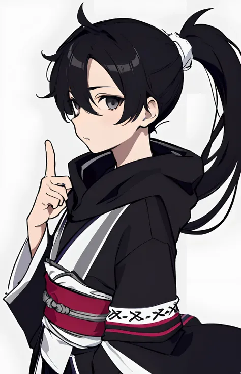 a teenage boy with a messy ponytail in a japanese gii covered with a cloak in black and white