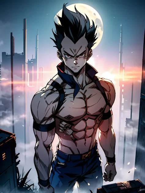 "Explore the depths of Vegetas power as he stands tall in an abandoned city, his fair skin glowing in the moonlight. The lush landscape only adds to his already perfect form, making him a true masterpiece of male beauty."