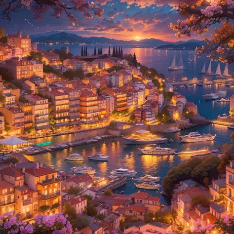 "Please create an image that presents a spectacular and unforgettable show in Porto Fino, Italy. This show takes place by the sea, during the mesmerizing sunset, which paints the sky with shades of orange, pink and gold. The scene is captured from a high a...