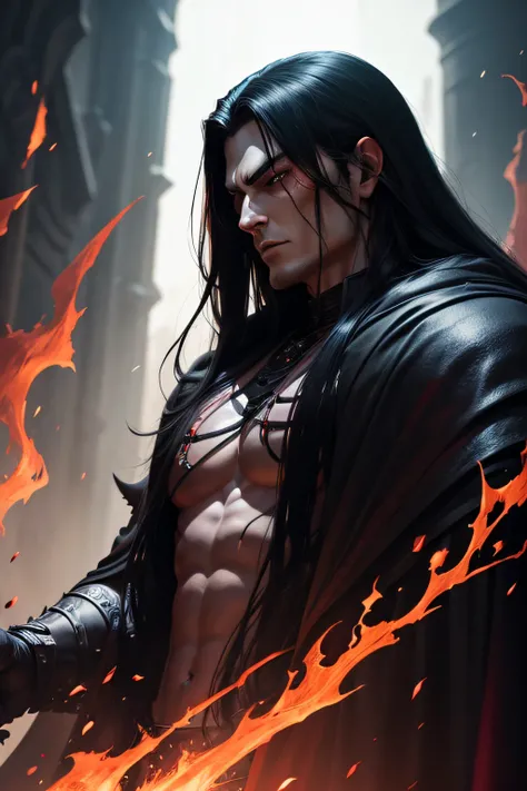 dark muscular male evil lord with long black hair wearing black and red cloak leading an army of demons