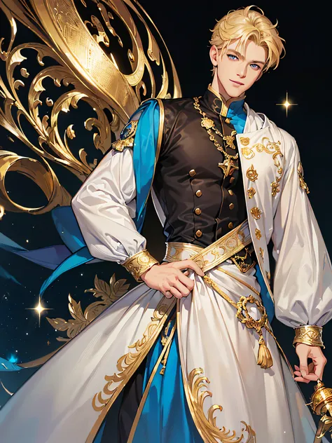 {(best quality, 8k, masterpiece, HDR, soft lighting, perfect image, digital illustration, manhwa art, hyper detailed image, perfect lines, realistic)} 1 very handsome man, short blonde hair, blue eyes, dark skin, clothes luxury, prince (imposing posture, s...