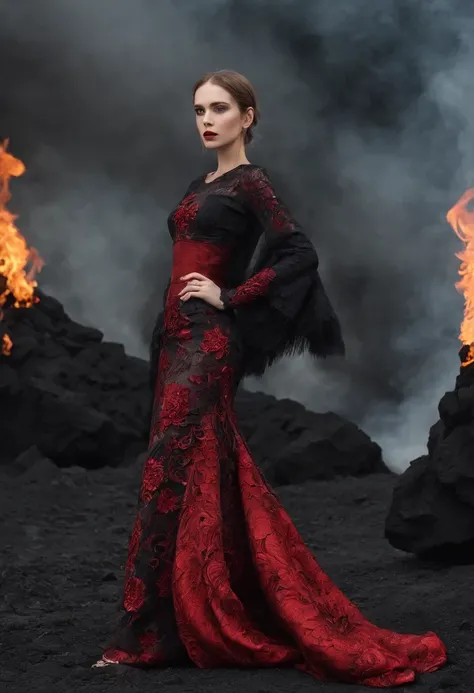 Arad woman in black and red dress，（Bohemian style skirt），Stand in front of black volcanic stones, （Super exaggerated skirt：1.37），（There are a lot of blood-red flowers on the skirt：1.2），opulent，dream magical，（Clear and perfect facial features），（Perfect hand...