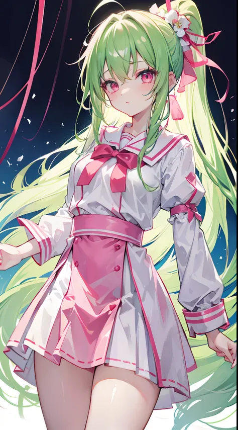 Long light green hair，Crimson pink eyes，The hair was tied up with two pink headbands，Short double ponytail，Qi bangs，Two long hair curtains on both sides，Wearing a white sailors uniform school uniform，short  skirt，Liu Hai pulled a hairpin，The sleeves are lo...