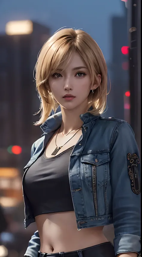 ayabrea, 1girl, solo, crop top jacket, bracelet, necklace, (holding gun), looking_at_viewer, realistic, upper_body, (masterpiece:1.2), (best quality), (ultra detailed), (8k, 4k, intricate), (highly detailed:1.2),(detailed face:1.2), (city background), (ult...