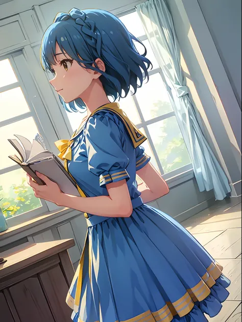 yuriko nanao (million live), 1 girl, Solo, Best Quality, masutepiece, 8K, High resolution, Ultra-detailed, (((from side, portrait))), looking at viewer, light smile, Light blue dress, Sailor Color Dress, Short sleeves, Puffy sleeves, (Yellow cardigan), hol...