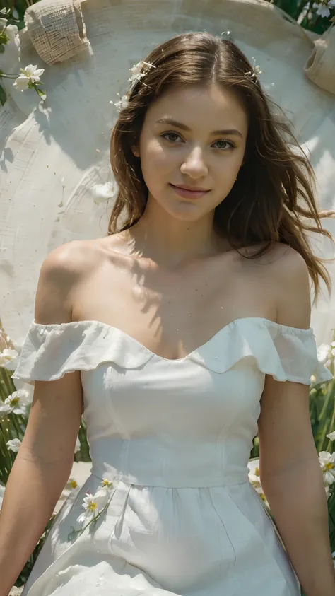 (best quality, masterpiece, ultra high res, photorealistic:1.4), raw photo, 1girl, white dress, off shoulder, white flower field, glowing skin, light smile, portraits, soft colors, natural lighting