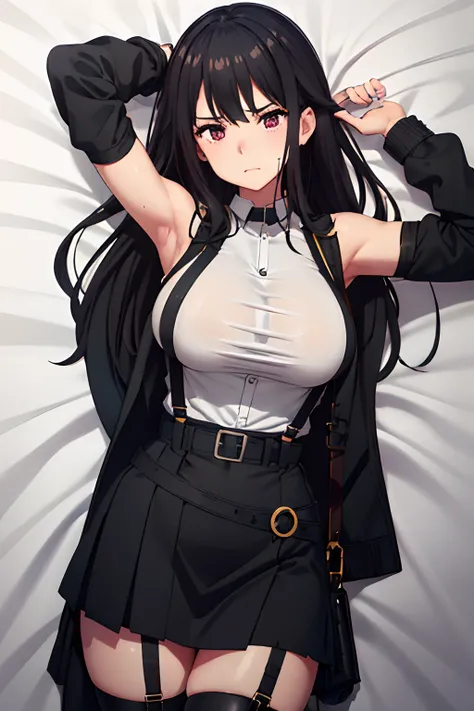 Belt bag,Suspenders Black Miniskirt　garterbelts　knee high　Stockings　Black Niso　Colorcon armpit sweat　perspiring　Side of both hands,Black jacket,Gaze,ample bosom,Armpit sweat,Exposing the armpits"Tight clothes、Cuffed、wristbands　Lie on the bed with your hand...