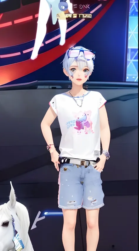 a close up of a person standing next to a horse, kawaii shirt and jeans, single character full body, clear outfit design, open v chest clothes, lunar themed attire, chrome outfit, short platinum hair tomboy, anime vtuber full body model, full body single c...