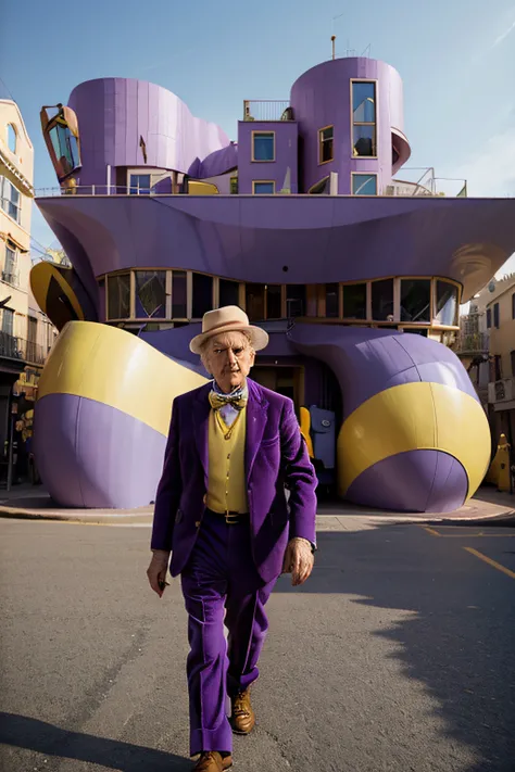 imagine In a whimsical Wes Anderson scene, we find Frank Gehry strolling through a fantastical architectural wonderland. He wears a vibrant purple corduroy suit with a yellow bow tie and a quirky hat. Hes examining a model of a peculiar, asymmetrical build...