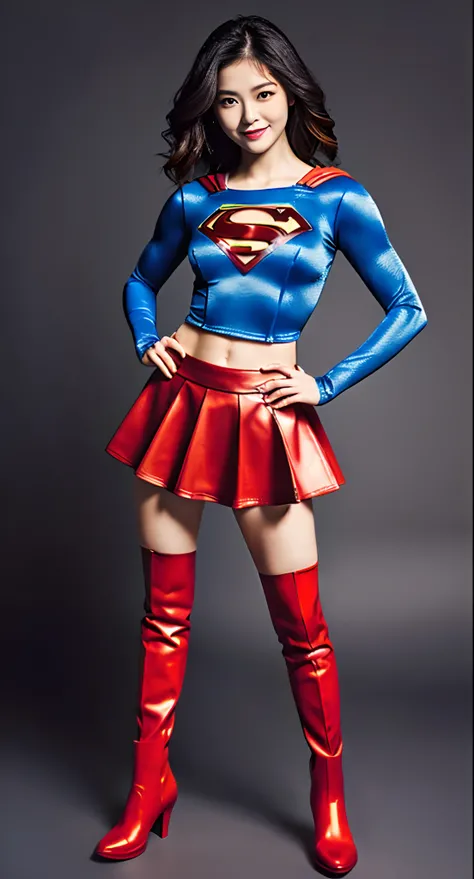 Asian Beautiful Girl、(((Wear black tights on your beautiful legs.)))、(((beauty legs)))、(((facial expression of smile)))、((((Make the most of the original image)))、(((Supergirl Costume)))、(((a short bob、beautiful hairl)))、(((Suffering)))、(((Feet must necess...