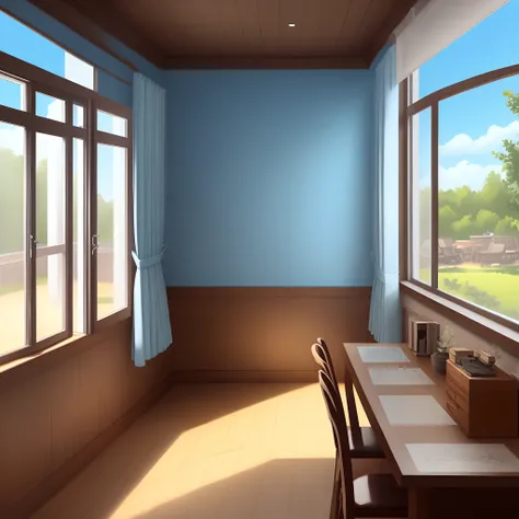 For illustration backgrounds, resort-like backgrounds, indoors, window perspective, blue sky beyond the window, retro drawings