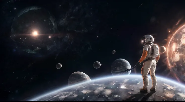 rear angle, Highly detailed RAW color Photo, Rear Angle, Full Body, of (female space soldier, wearing orange and white space suit, helmet, tined face shield, rebreather, accentuated booty), outdoors, (looking up at advanced alien structure, on alien planet...