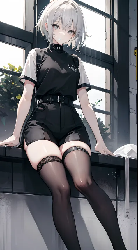 Short yellow-gray hair，Black eyes，Loving pupils，Black short sleeves，Medium build，，Tattoos on the arms，Black  shorts，Tall girl，black lence stockings，A bad teenage girl