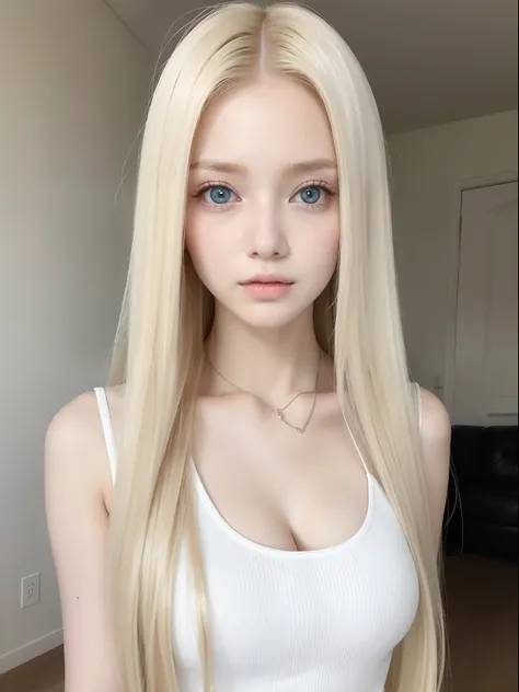 Super long straight hair、Blonde girl posing with white top、Real life girls、16yo girl、Beautiful platinum blonde girl、large blue eyes,Most beautiful face、The cutest face in the world、ren、super model、