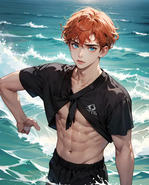 A teenage boy with lightly tanned skin, curly ginger hair, a cute boyish chiseled face along with freckles and big ocean blue eyes